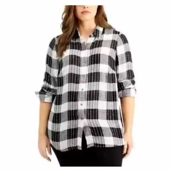 Style & Co. T-Shirt Plaid Check Button Down Black White Plus Size 1X - Picture 1 of 14